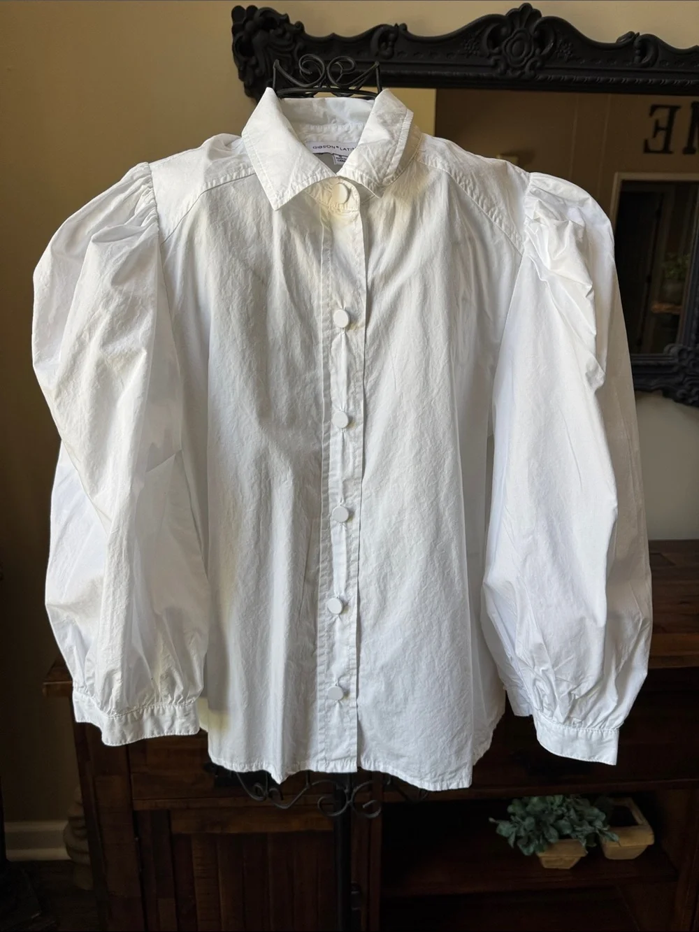 White Button-Front Puff Sleeve Shirt